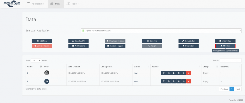 Data Filters and My Filter interface