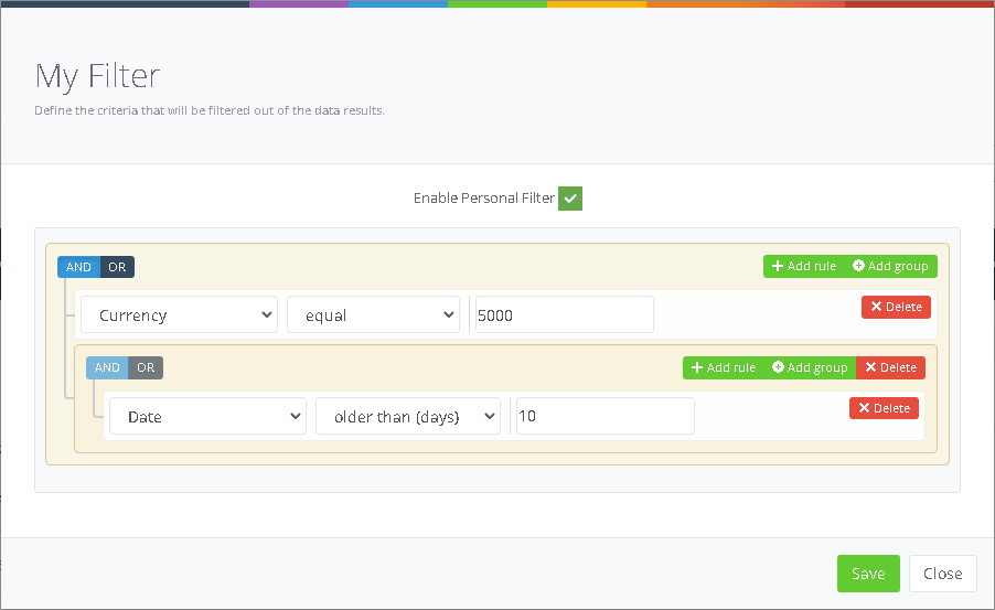 Data Filters and My Filter interface