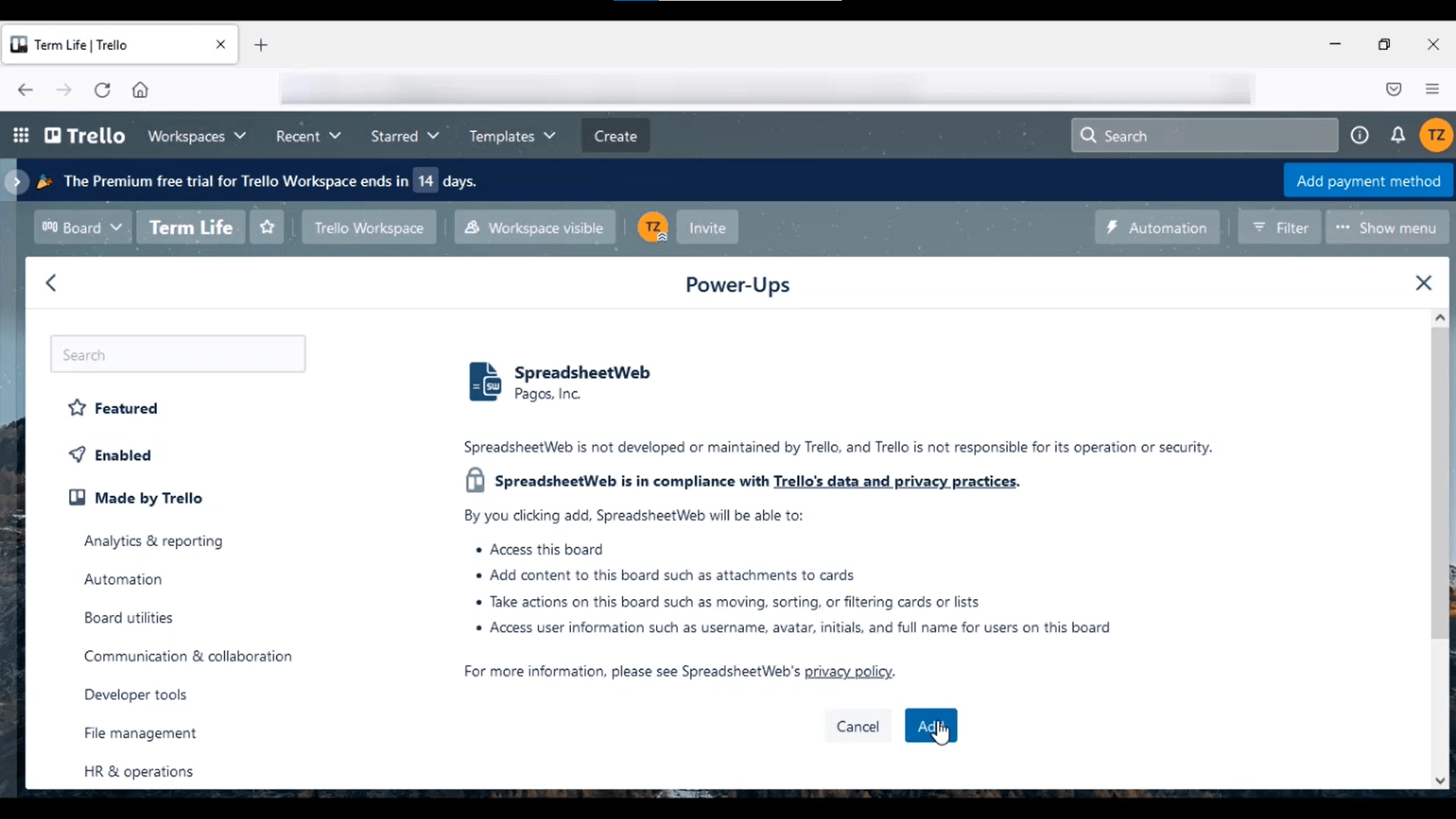 Trello Applications interface