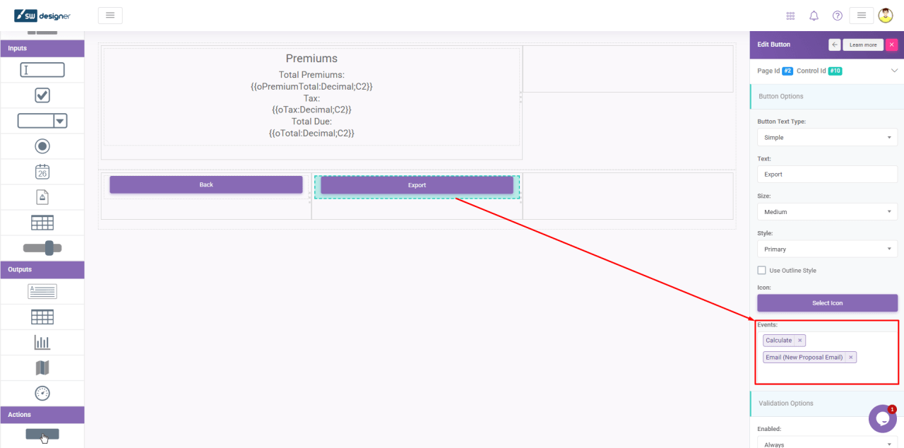 SpreadsheetWeb Designer Action button with an Email Process assigned in the Events settings