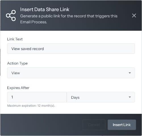 Insert Data Share Link dialog with link text, View or Edit action type, and expiration settings