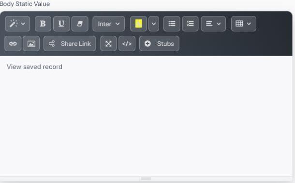 Email Process body editor with the Share Link button and an inserted saved-record link