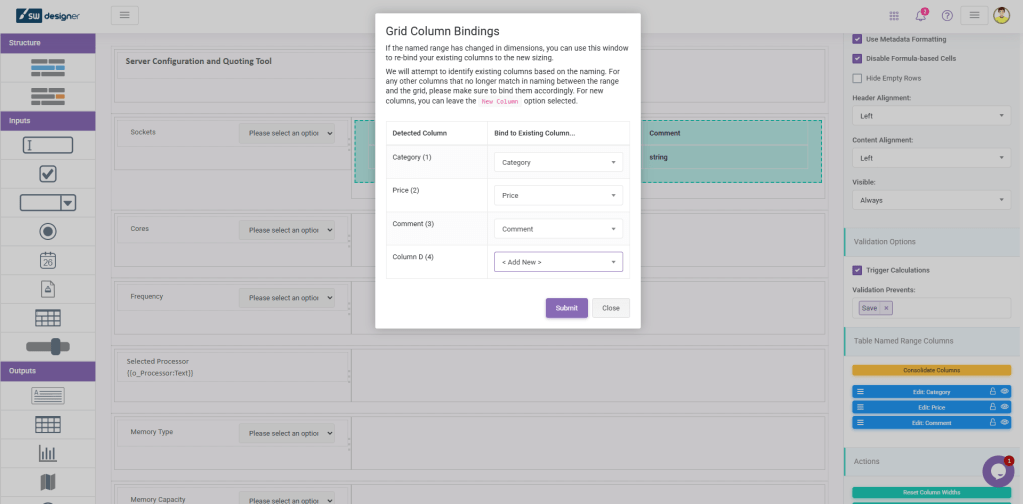 Validation Messages Consolidate UI Column Bindings: The input (or output) grid on page X is bound to a table named range that has had its column width modified ( Y ). Please naviga