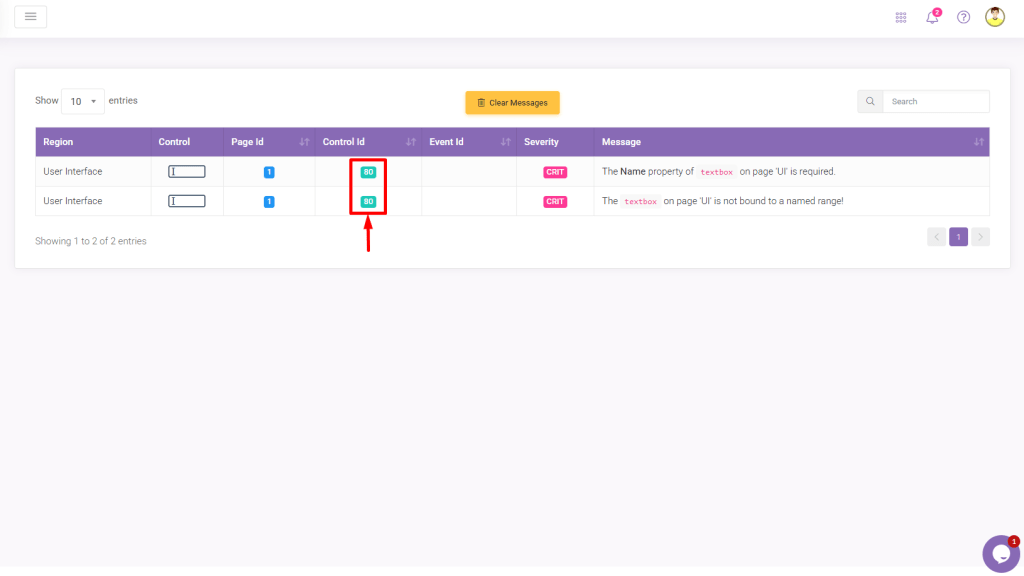 Validation Messages Control Id: Validation Messages interface screenshot 28