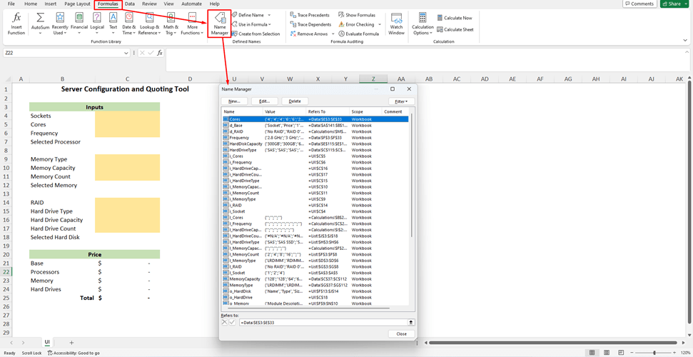 name manager: The active spreadsheet has no named ranges! interface screenshot 5 in Validation Messages
